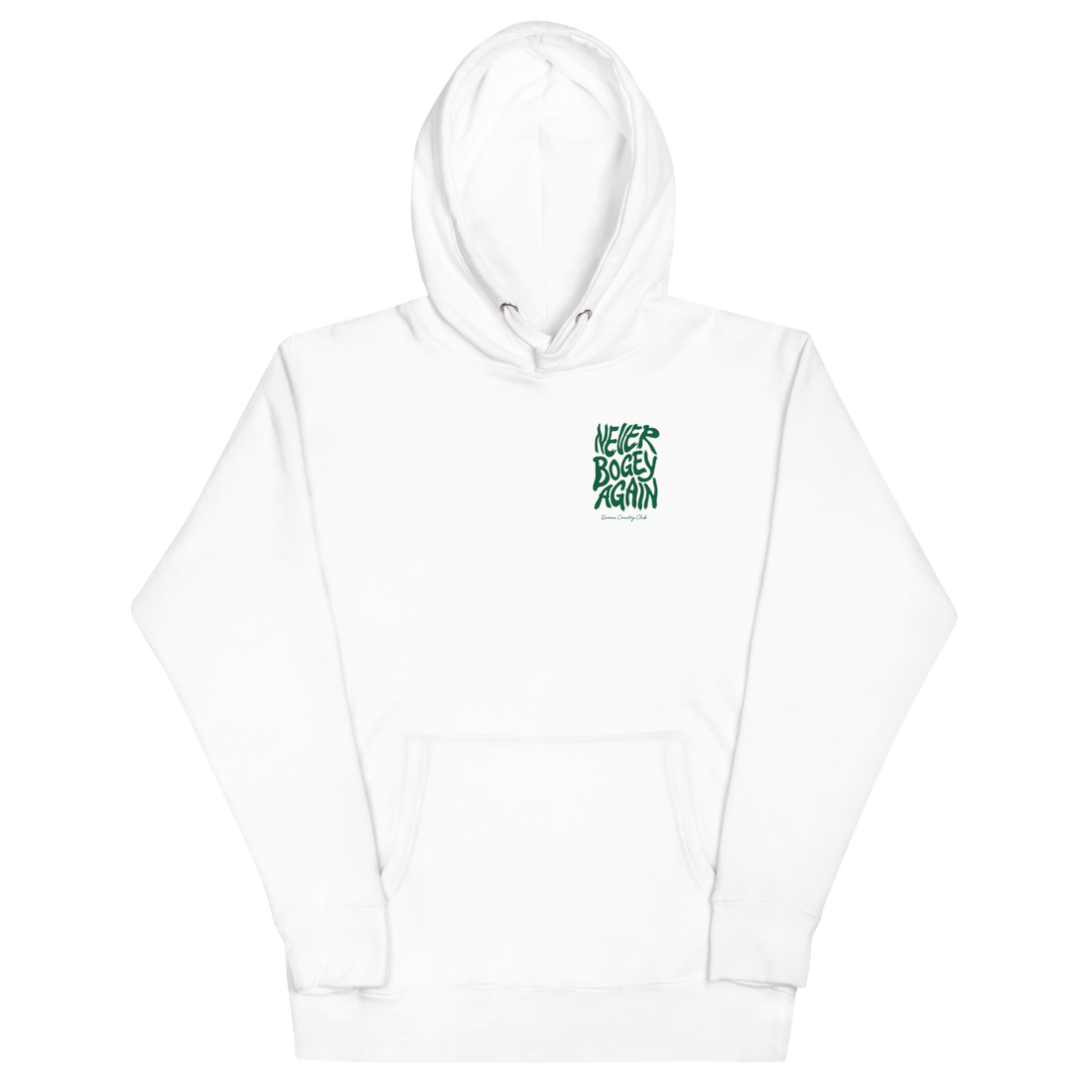 White QCC No More Bogey Hoodie with green “Never Bogey Again” lettering — front view with small left-chest print, Queens Country Club.