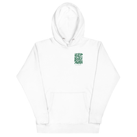 White QCC No More Bogey Hoodie with green “Never Bogey Again” lettering — front view with small left-chest print, Queens Country Club.