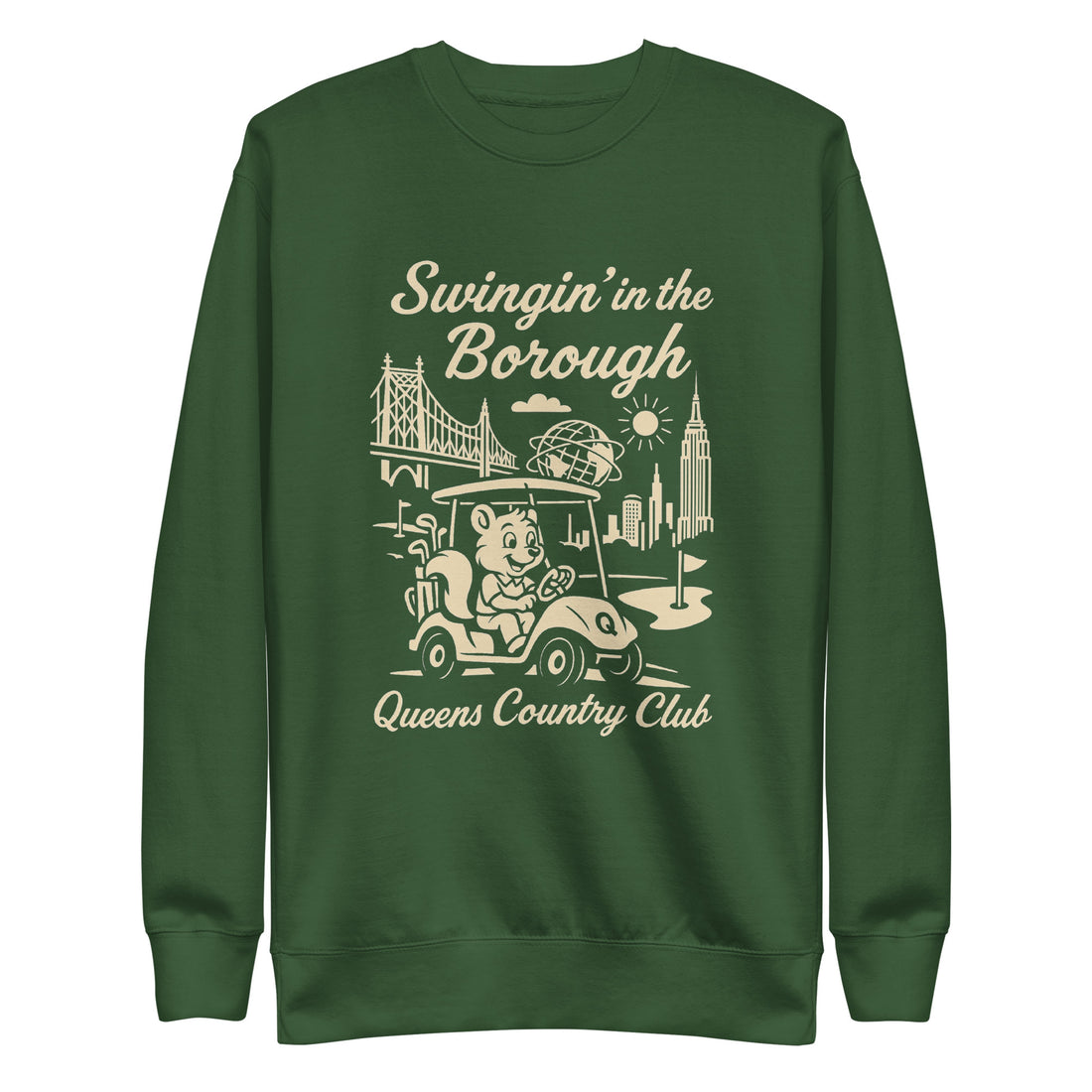  Black Queens Country Club sweatshirt with cream graphic showing a squirrel driving a golf cart, Queensboro Bridge, Unisphere, and NYC skyline; text reads “Swingin’ in the Borough – Queens Country Club.”