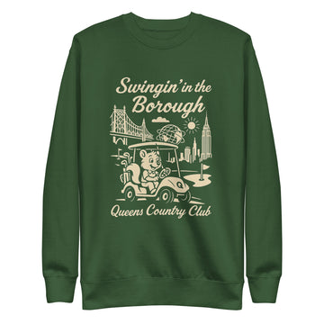  Black Queens Country Club sweatshirt with cream graphic showing a squirrel driving a golf cart, Queensboro Bridge, Unisphere, and NYC skyline; text reads “Swingin’ in the Borough – Queens Country Club.”