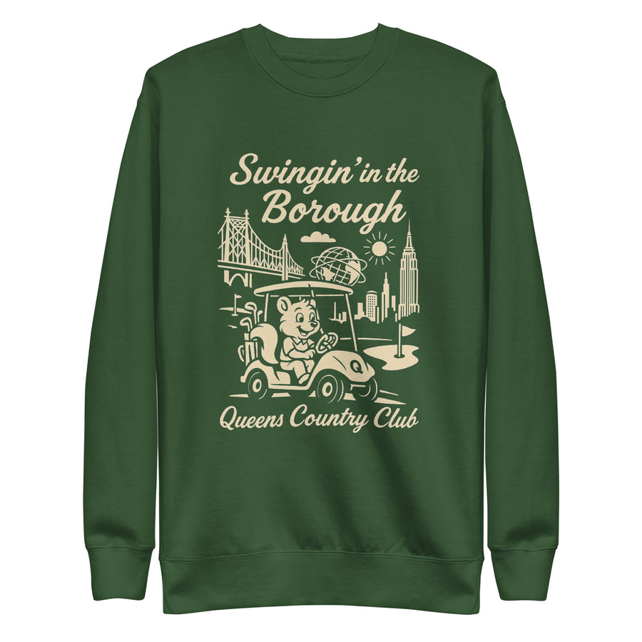  Black Queens Country Club sweatshirt with cream graphic showing a squirrel driving a golf cart, Queensboro Bridge, Unisphere, and NYC skyline; text reads “Swingin’ in the Borough – Queens Country Club.”