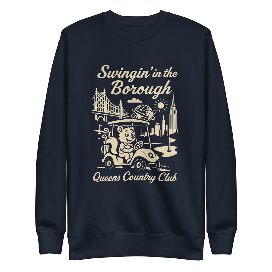  Black Queens Country Club sweatshirt with cream graphic showing a squirrel driving a golf cart, Queensboro Bridge, Unisphere, and NYC skyline; text reads “Swingin’ in the Borough – Queens Country Club.”