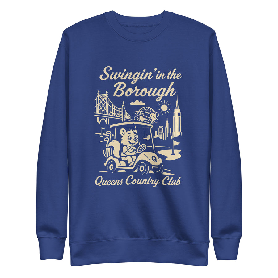  Black Queens Country Club sweatshirt with cream graphic showing a squirrel driving a golf cart, Queensboro Bridge, Unisphere, and NYC skyline; text reads “Swingin’ in the Borough – Queens Country Club.”