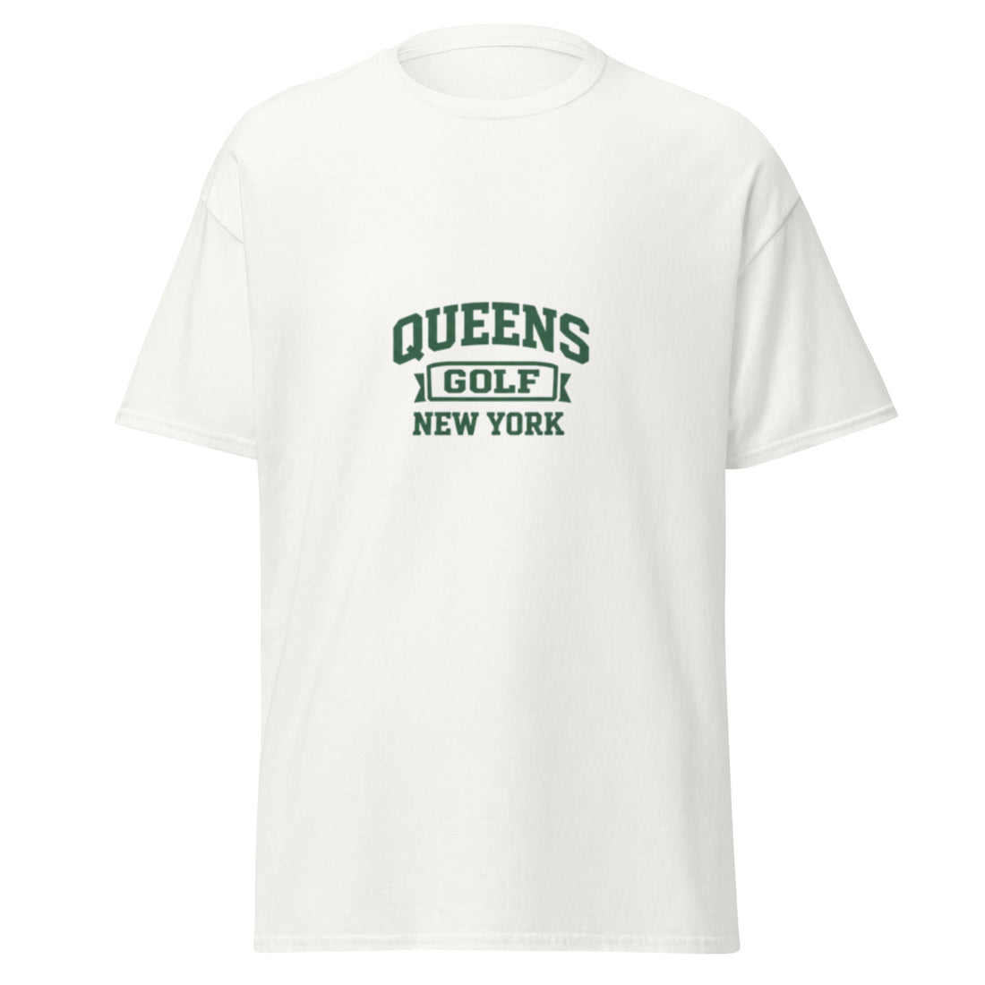   Queens Collegiate Golf Tee by Queens Country Club featuring varsity Queens Golf New York graphic inspired by NYC public golf culture.