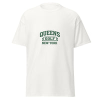   Queens Collegiate Golf Tee by Queens Country Club featuring varsity Queens Golf New York graphic inspired by NYC public golf culture.