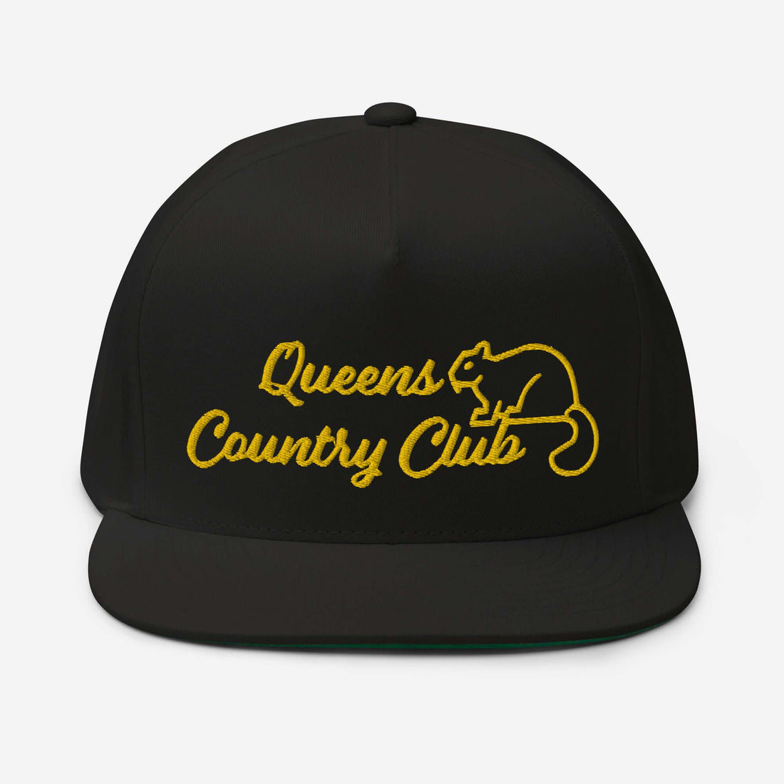 Queens Country Club with Squirrel Embroidery Flat Bill Cap - Queens Country Club