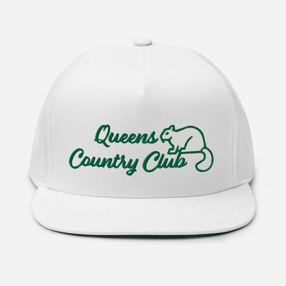 Queens Country Club with Squirrel Embroidery Flat Bill Cap - Queens Country Club