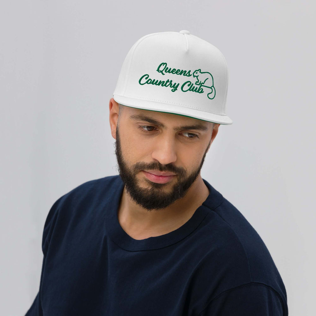Queens Country Club with Squirrel Embroidery Flat Bill Cap - Queens Country Club