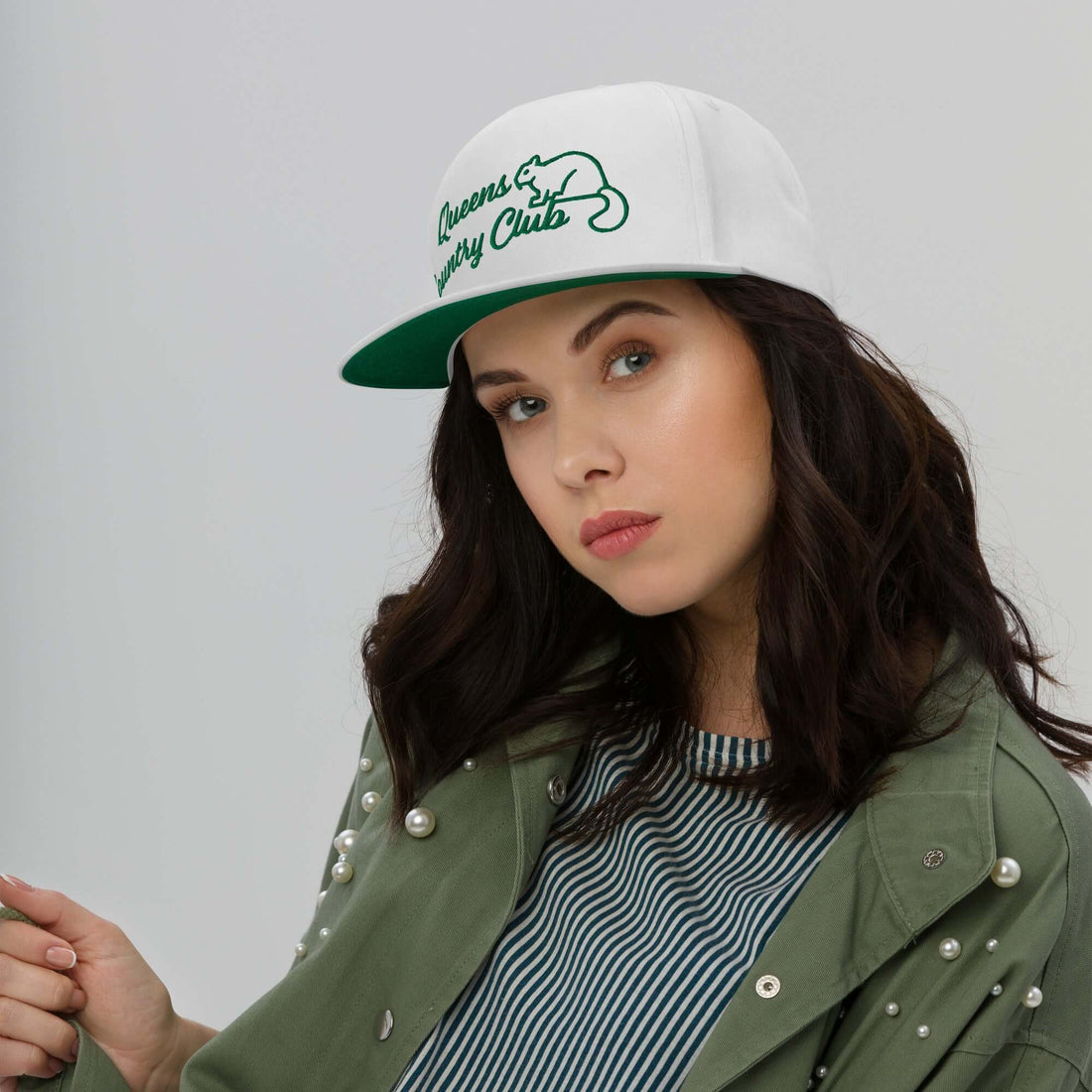 Queens Country Club with Squirrel Embroidery Flat Bill Cap - Queens Country Club
