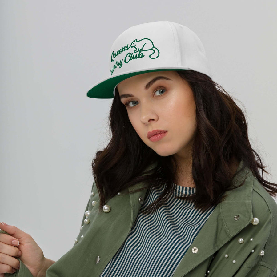 Queens Country Club with Squirrel Embroidery Flat Bill Cap - Queens Country Club